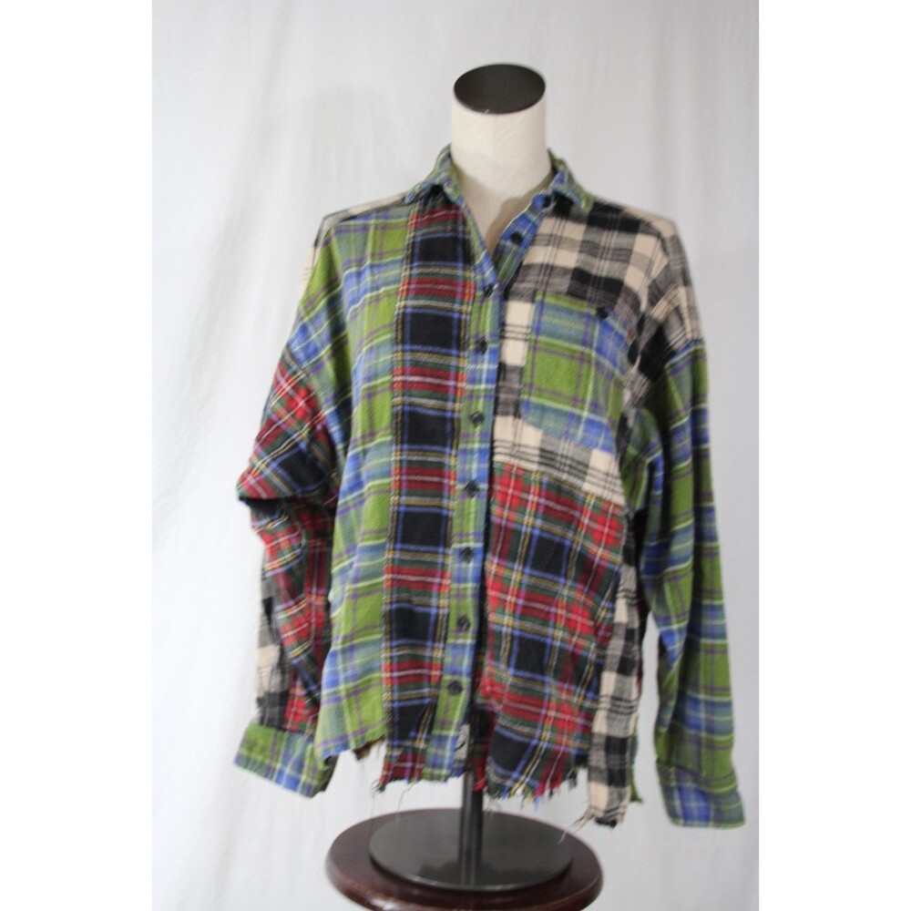 BDG Urban Outfitters Patchwork Plaid Flannel Shirt Frayed Hem Button Front S/P